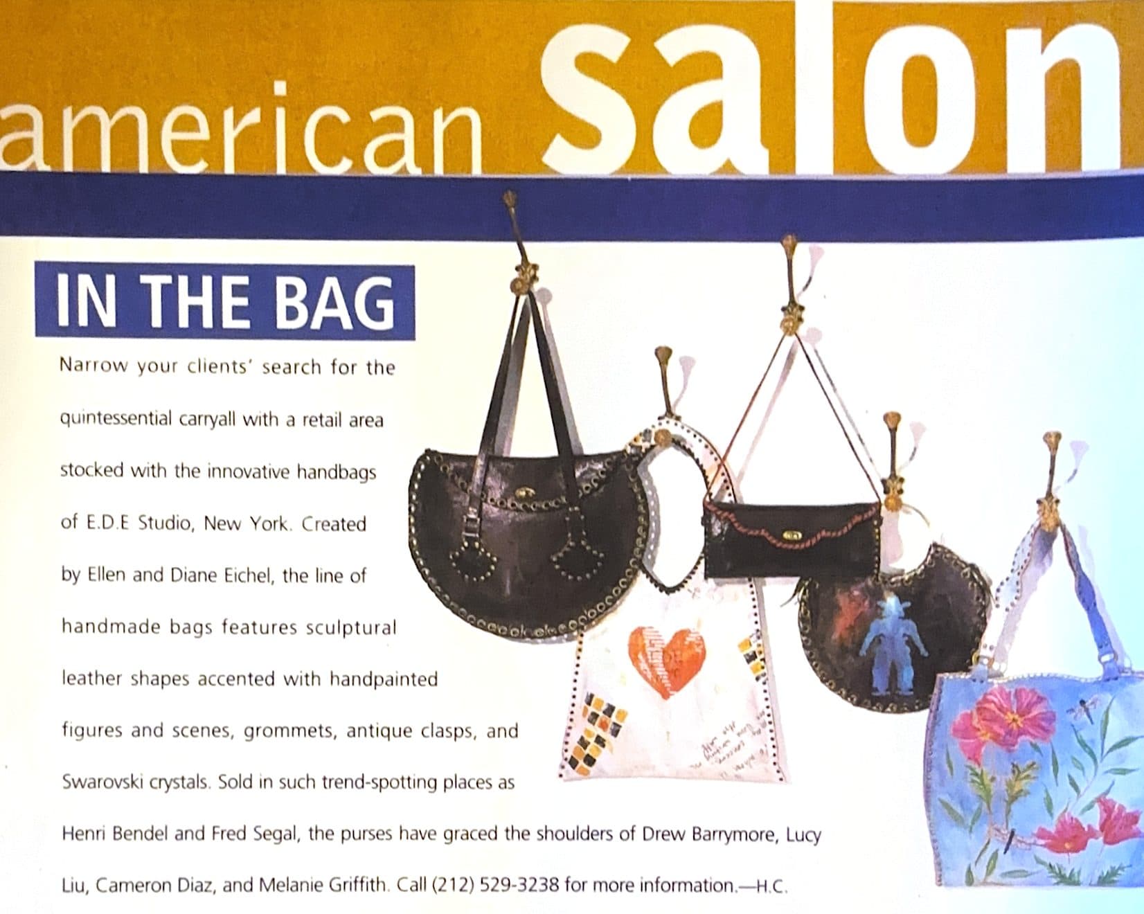 American Salon feature on E.D.E Studio handbags, with sculptural leather bags hanging in a retail display