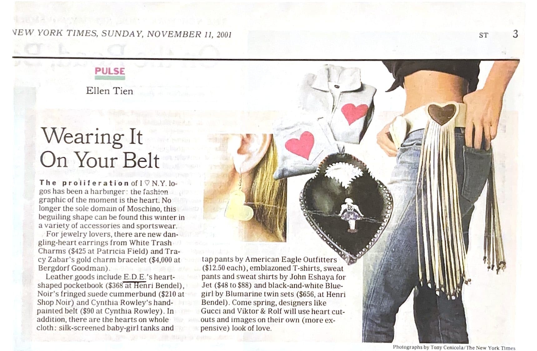 The New York Times Pulse column, November 11, 2001, featuring E.D.E.’s heart-shaped pocketbook